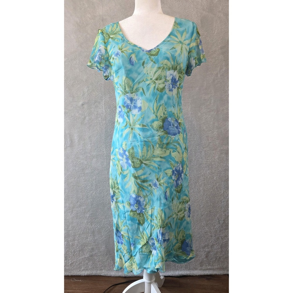 EUC Robbie Bee Dress Womens 10 Vintage Blue Floral Silk Chiffon Ruffle Sundress